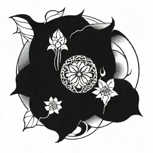 Abstract tattoo design inspired by the concept of a monastery, Shiva, and flowers intertwined in a unique way tattoo design idea