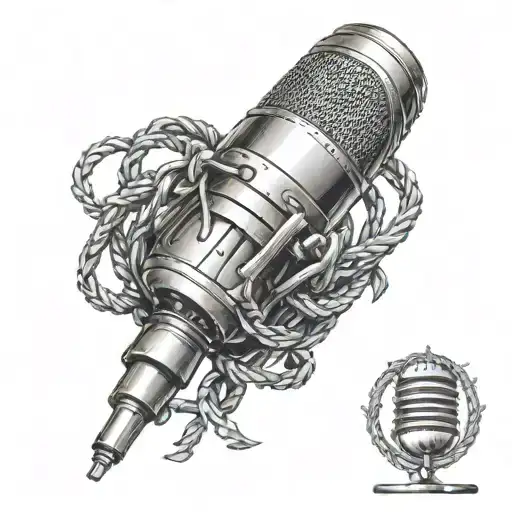 A tattoo of a microphone intertwined with barbwire, symbolizing your passion for music and toughness, in dotwork style tattoo design idea