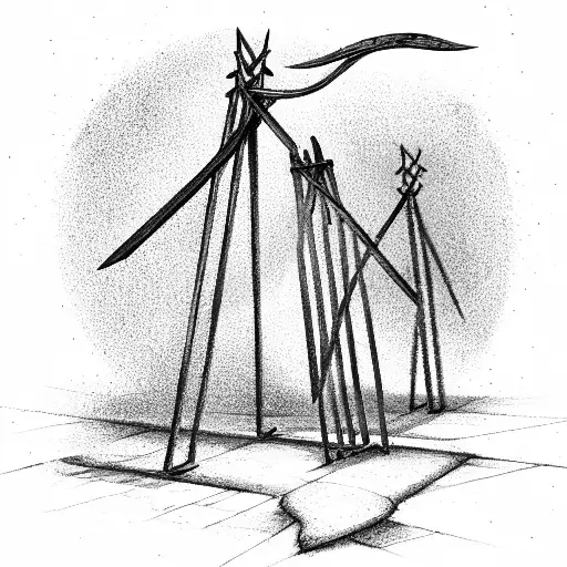 Two full-back gallows with crooked staff-like supports stand like the letter T,  tattoo design idea