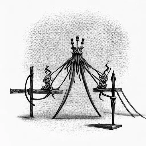Two full-back gallows with crooked staff-like supports stand like the letter T tattoo design idea