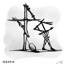 Two full-back gallows with crooked staff-like supports stand like the letter T tattoo design idea