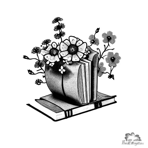 A stack of books with forget-me-not flowers growing out of them tattoo design idea