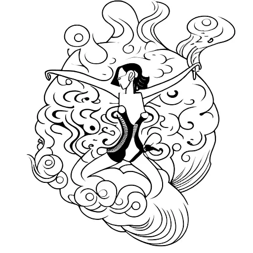 A sensual female silhouette dancing amidst swirling smoke and alcohol bottles tattoo design idea