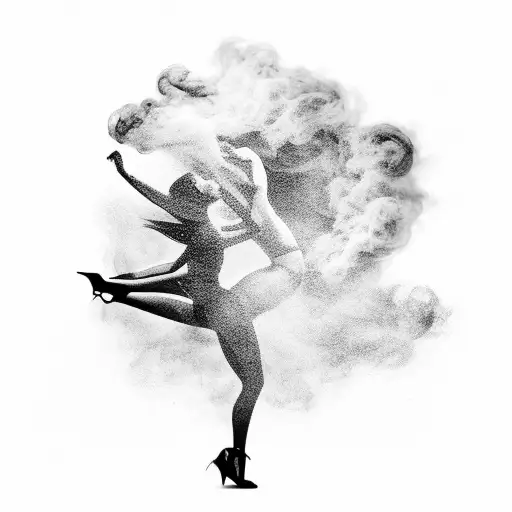 A sensual female silhouette dancing amidst swirling smoke and alcohol bottles tattoo design idea