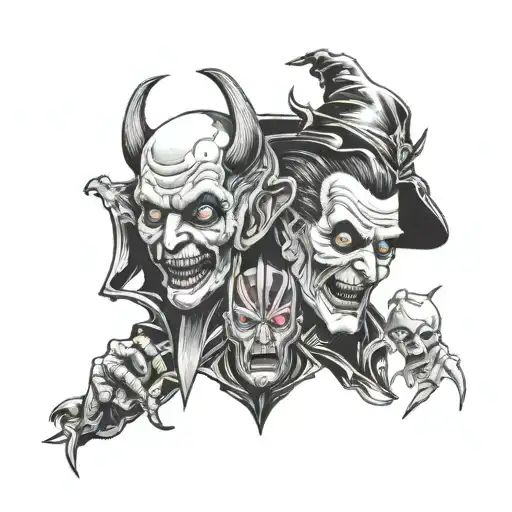 A twisted, sickening mash-up of iconic horror movie villains in a dark, surreal scene tattoo design idea
