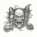 A twisted, sickening mash-up of iconic horror movie villains in a dark, surreal scene tattoo design idea