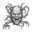 A twisted, sickening mash-up of iconic horror movie villains in a dark, surreal scene tattoo design idea