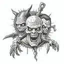 A twisted, sickening mash-up of iconic horror movie villains in a dark, surreal scene tattoo design idea