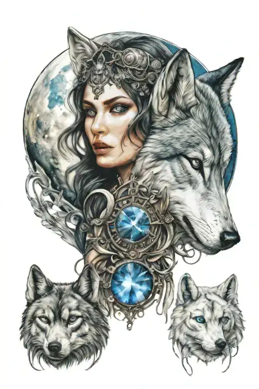 Moon goddess selene with tattoos and piercings, a wolf with crystal blue eyes, incorporating the moonstone tattoo design idea