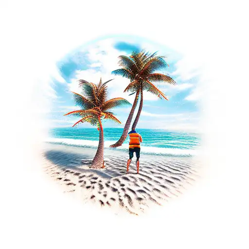 Begin with a scenic beach scene. Include elements like waves, palm trees, and sand. Show the guy engaging in beach activ tattoo design idea