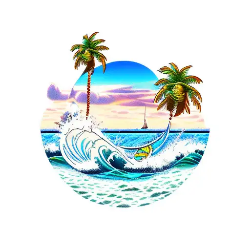 Begin with a scenic beach scene. Include elements like waves, palm trees, and sand. Show the guy engaging in beach activ tattoo design idea