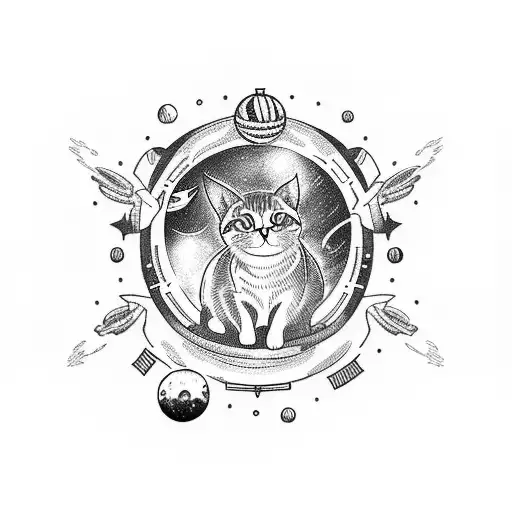 A blackwork tattoo of a cat floating in space surrounded by small planets tattoo design idea
