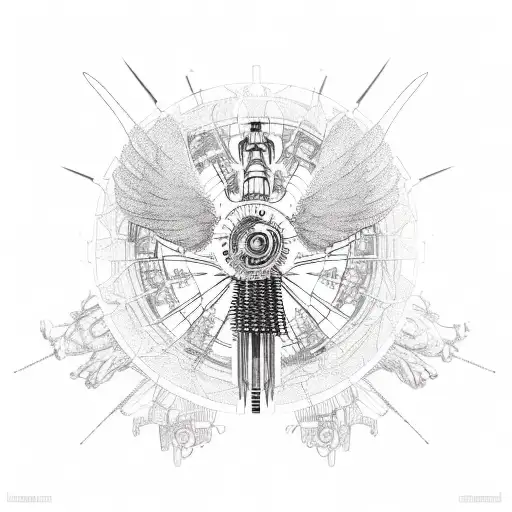 Icarus with mechanical wings made of gears  flying towards the sun tattoo design idea