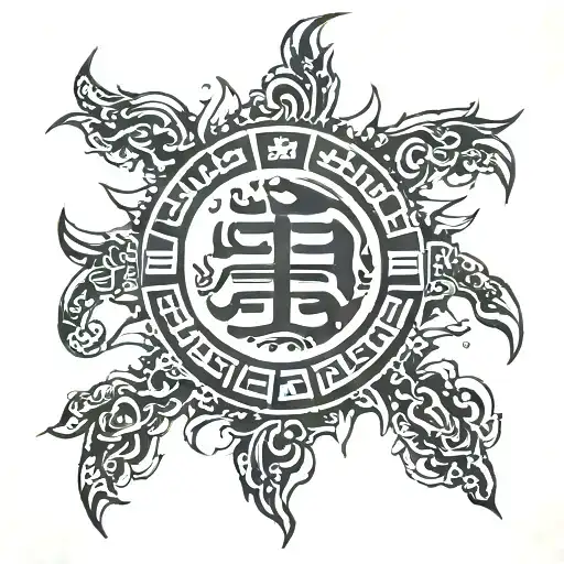 chinese writing inside a mexican sun shining brightly tattoo design idea