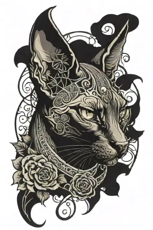 sphynx cat head with horns, black moon above head and cobwebs under neck tattoo design idea