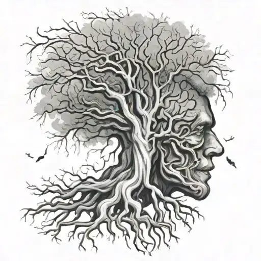 A portrait of a wise old tree with roots spreading out in the shape of a brain, symbolizing the deep connection between nature and psychology in a black-grey style tattoo design idea