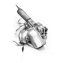 photo camera, drumsticks, plane tattoo design idea