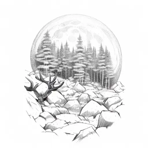 Gold wails on a cliff beside a moon, under a forest cliff with three stags walking beside the river tattoo design idea