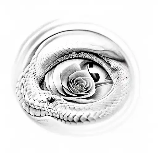 A detailed snake going throught the eye of a skull with roses tattoo design idea