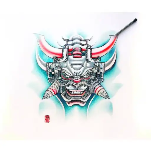 cyberpunk oni mask tattoo design idea