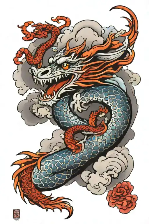 dragon with clouds background spiraling down arm sleeve tattoo design idea