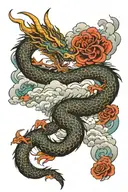 dragon with clouds background spiraling down arm sleeve tattoo design idea