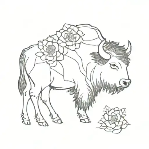 single line bison wearing a cactus flower   tattoo design idea