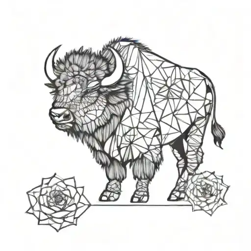 single line bison wearing a cactus flower   tattoo design idea