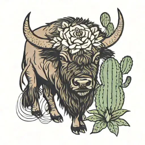 single line bison wearing a cactus flower   tattoo design idea