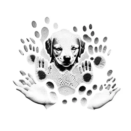 A dotwork tattoo of a Beatles album cover merged with a dog paw print tattoo design idea