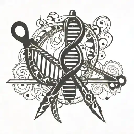 DNA double helix intertwined with musical notes and hair cutting scissors tattoo design idea
