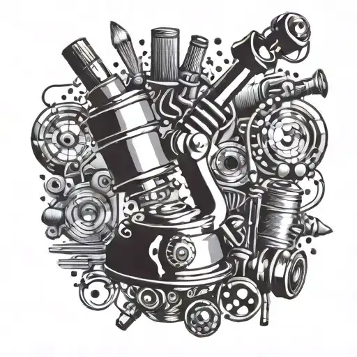 Microscope surrounded by musical instruments and hair styling tools tattoo design idea