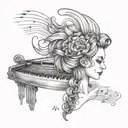 Anatomy textbook pages transforming into a sheet music and hair styling guide tattoo design idea