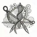 DNA double helix intertwined with musical notes and hair cutting scissors tattoo design idea