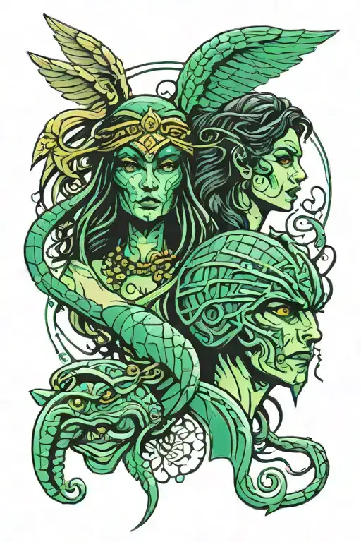 Rick and Eve from the mummy symbols in jade green  tattoo design idea