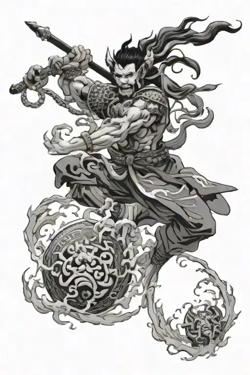 Raijin, the thunder god below, who strikes drums to summon thunder, both engaged in an intense, mythological battle tattoo design idea