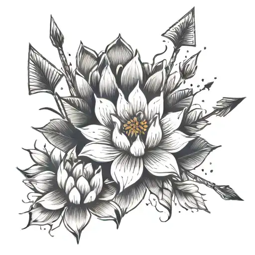 3 arrows, lotus, names - Jaid, Gemini, Skyla tattoo design idea