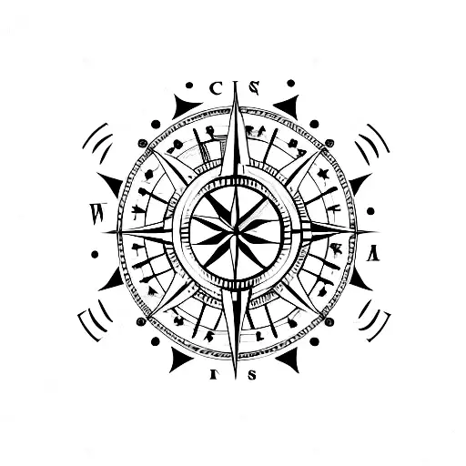 compass with a crescent moon as the border and a wave pattern for the east-west line tattoo design idea