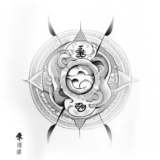 Yin and Yang com dragão , leão . lobo . fenix . ondas . sol . lua tattoo design idea