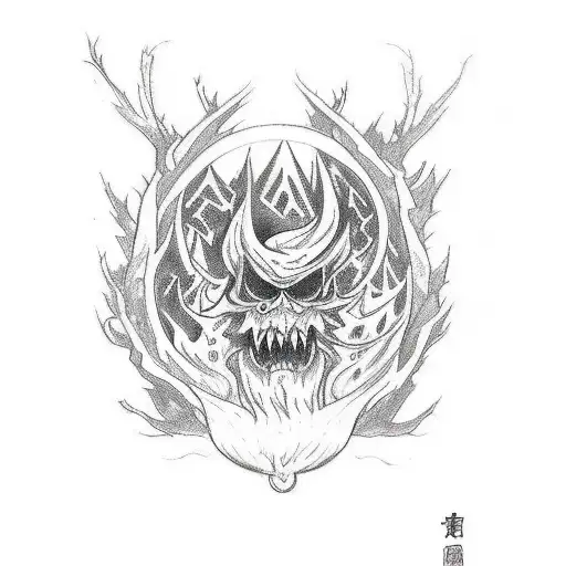 A sketch-style tattoo of a wanderer exploring a demonic forest tattoo design idea