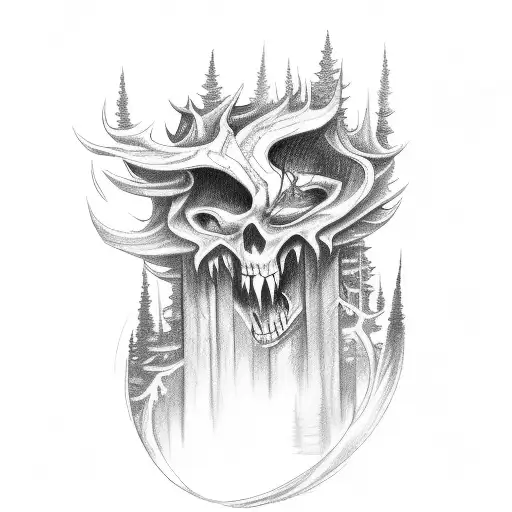 A sketch-style tattoo of a wanderer exploring a demonic forest tattoo design idea