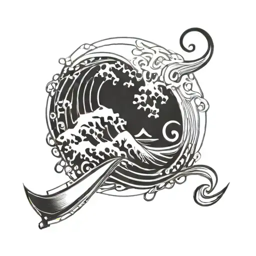 A stylized wave incorporating fishing hooks and surfboards tattoo design idea