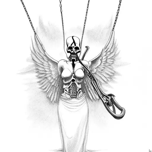 grim reaper standing above an angel in bondage, the reaper is holding her chains, and the scythe is piercing her wings tattoo design idea