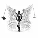 grim reaper standing above an angel in bondage, the reaper is holding her chains, and the scythe is piercing her wings tattoo design idea