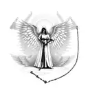 grim reaper standing above an angel in bondage, the reaper is holding her chains, and the scythe is piercing her wings tattoo design idea