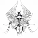 grim reaper standing above an angel in bondage, the reaper is holding her chains, and the scythe is piercing her wings tattoo design idea