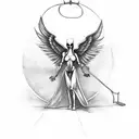 grim reaper standing above an angel in bondage, the reaper is holding her chains, and the scythe is piercing her wings tattoo design idea