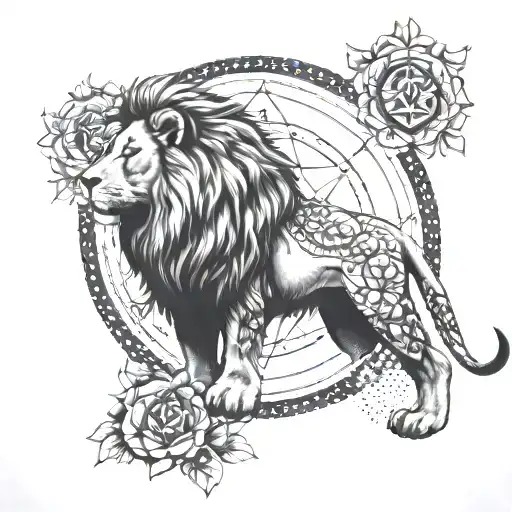 lion compass rose flower tattoo design idea