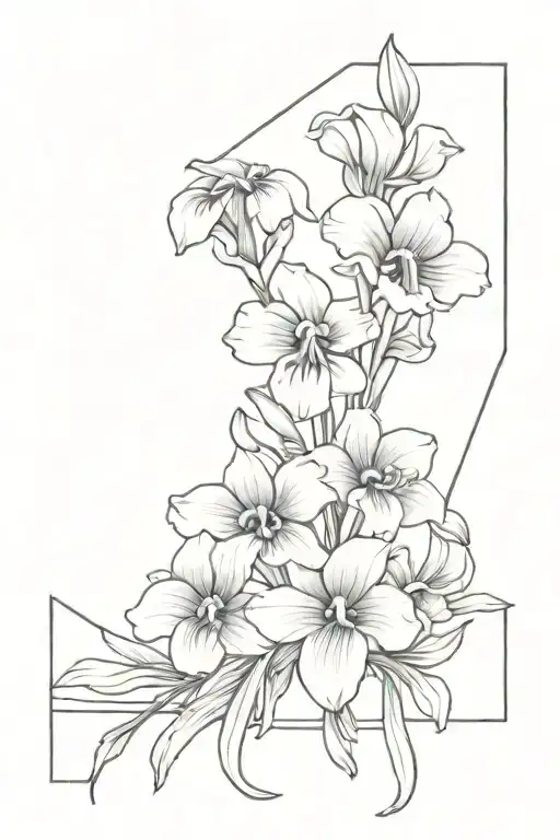 violets, primrose, and iris flowers in a bouquet tied together with a bow  tattoo design idea