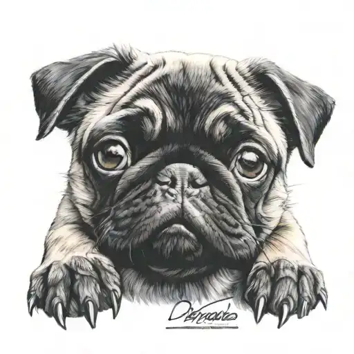 black pug inserted in pug's paw print tattoo design idea